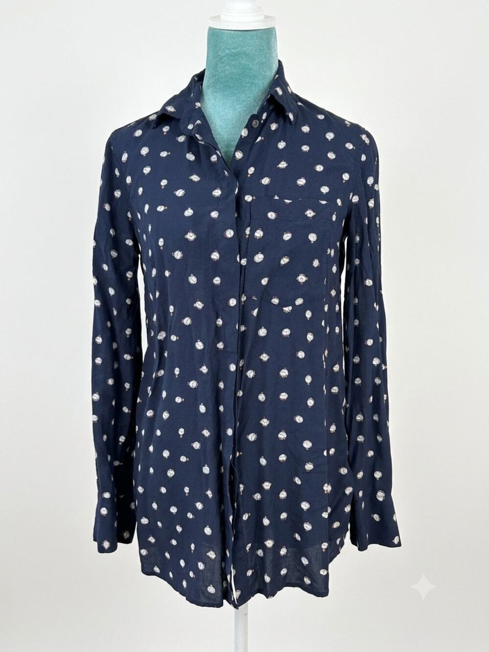 J.CREW Tick Tock Clock Print 100% Silk Button Down Blouse Size 0 Preppy quirky